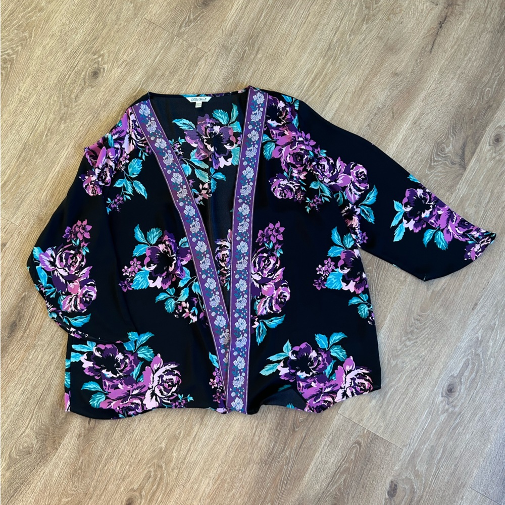 The Pioneer Woman Black Floral Open-Front Kimono with Purple & Teal Flowers